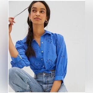 Anthropologie Forever That Girl Puff-Sleeve Eyelet Buttondown Shirt Size Medium
